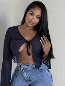 Alexandranx Solid Color Lace-Up Casual Mesh Women's Top With Flare Sleeves - Navy Blue - View 3