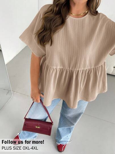 Auralis 大码女装春夏时尚休闲宽松舒适日常百搭修身纹理面料黄色短袖衬衫，简约风格，曲线可爱上衣，外出上衣，欧洲夏季，荷叶边上衣，女士早午餐