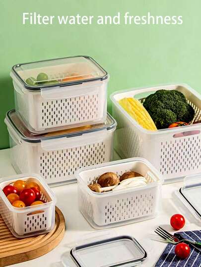 6件套（3个食品储物盒+3个沥水篮），带盖塑料食品储物盒，密封冰箱食品储物盒，可堆叠餐食准备盒 - 透明，微波炉和洗碗机适用，带沥水托盘，适用于水果、蔬菜和干货 - 多用途，密封厨房收纳盒，适用于露营和用餐