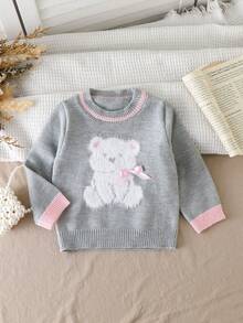 Baby Girls' Cute Bear Textured Jacquard Decor Round Neck Pullover Sweater With Handmade Bow Accent, Suitable For Girls, Infants & Toddlers, Comfortable For Outdoor, Travel And Home Wear Teddy Bear Baby Clothes Baby Set Autumn Winter Season Baby Clothes Girl Fall Sweater Toddler Sweater Baby Solid Color Knitted Sweater - Grey - View 3