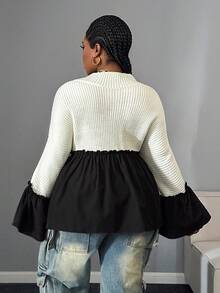 Maweii Plus Size Women Patchwork Stand Collar Pullover Sweater - Black and White - View 2