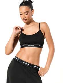 SUMWON WOMEN Women Branded Elastic Waistband Two Piece Lounge Set Wide Leg Pants Crop Top Casual Comfort Wear Loungewear - Black - View 7