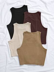 Femesol Women's Solid Color Minimalist Sleeveless Round Neck Ribbed Knit Tank Top,Beige Summer Casual Everyday Wear Basic Neutral Tops - Multicolor - View 3
