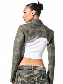 SUMWON WOMEN Extreme Cropped Moto Jacket With Cut Out Chest Detail And Stud Belt - Black - View 2