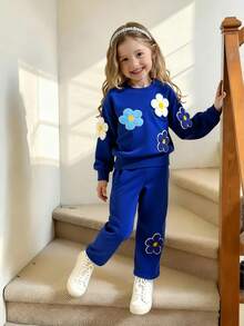 Genkimix Kids 2件套女童藏蓝色花卉刺绣长袖圆领卫衣上衣和裤子套装，儿童时尚卡通可爱秋冬装 - 寶藍色 - 查看 4