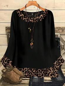 EMERY ROSE Elegante camicia vintage con stampa leopardata, collo tondo, maniche a 3/4, adatta per l'autunno/inverno, taglie comode