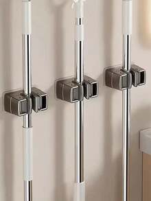 1/3pcs Wall Mounted Mop And Broom Holder, Contemporary Style Plastic Organizer Clamp, No-Drill Strong Adhesive Storage Solution For Bathroom And Kitchen, Utility Hooks - Multicolor - View 2