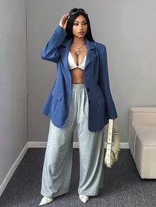 Maweii Áo khoác blazer màu trơn đơn hàng khuy đơn thời trang thường ngày dành cho nữ cỡ lớn, gợi cảm - Màu xanh lam - Xem 2