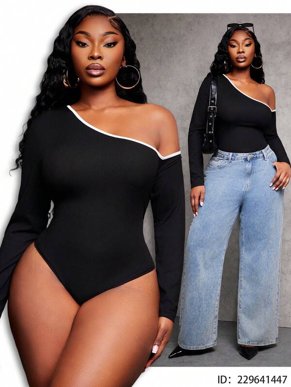 SHEIN SXY Body feminino plus size assimétrico com ombros de fora e cor contrastante, manga comprida, justo, de malha elástica, adequado para uso casual e para sair, outono/inverno