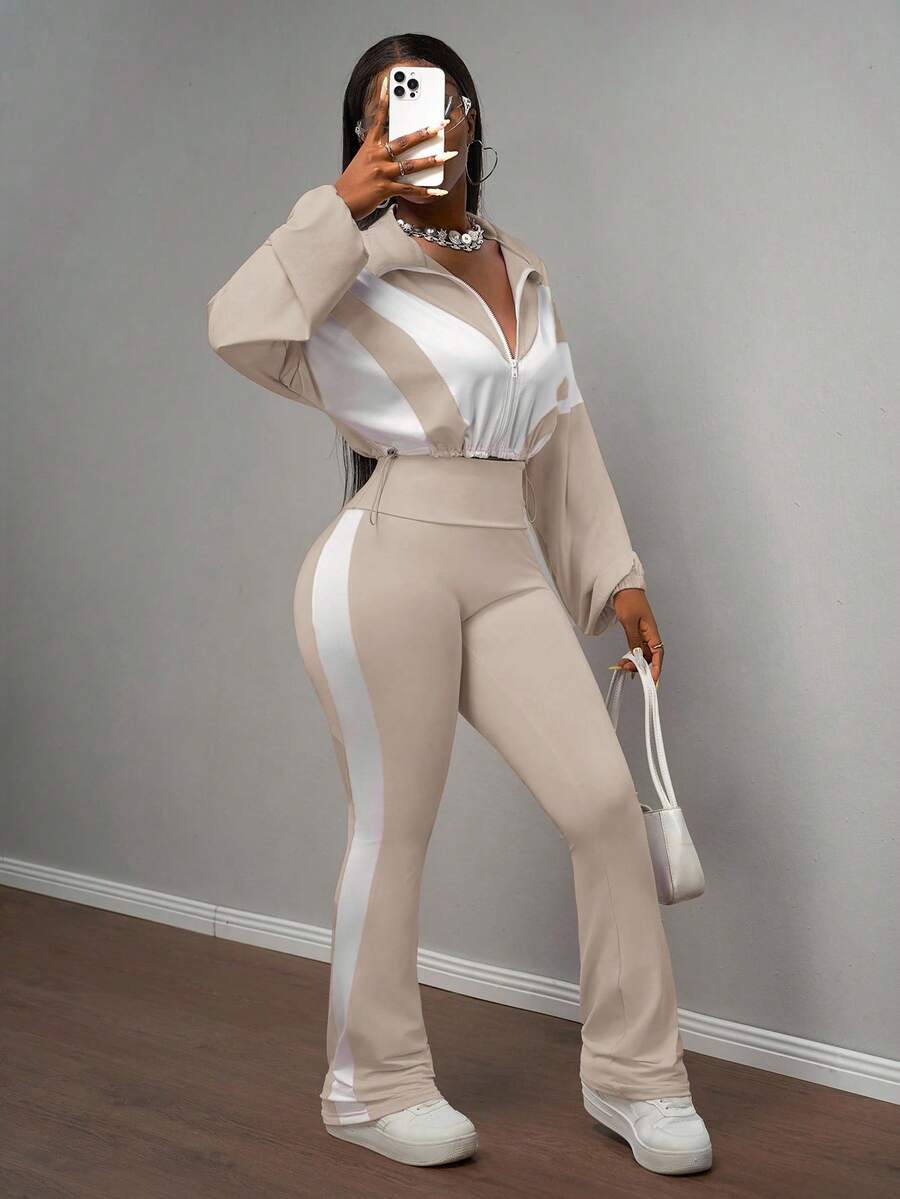 Slaydiva New Early Autumn Casual Simple Daily Dating Sports Style Yoga Suit Small Stand-Up Collar Front Middle Zipper Drop Shoulder White Splicing Light Purple Hem Drawstring Long-Sleeved Top + Purple Flared Trousers Side White Splicing Yoga Pants Knit Suit Women's Two Pieces Suit-B - Apricot - View 1
