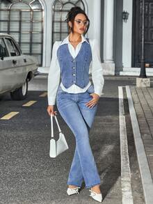 SHEIN Tall Veste en jean décontractée à col en V et simple boutonnage pour femmes, automne - Bleu azur - Voir 6