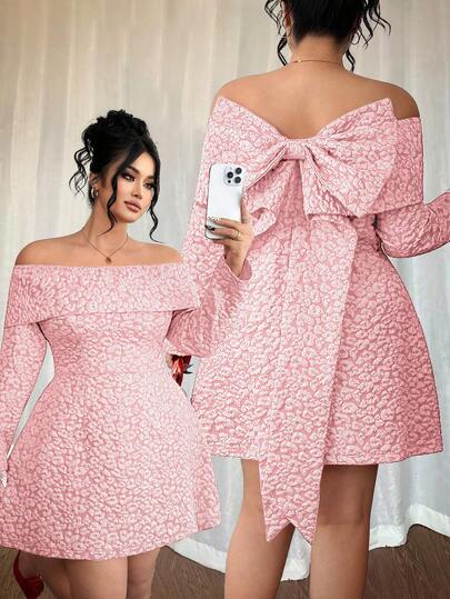 Elenzga 大码女式圣诞红色提花露肩露背蝴蝶结长袖短裙