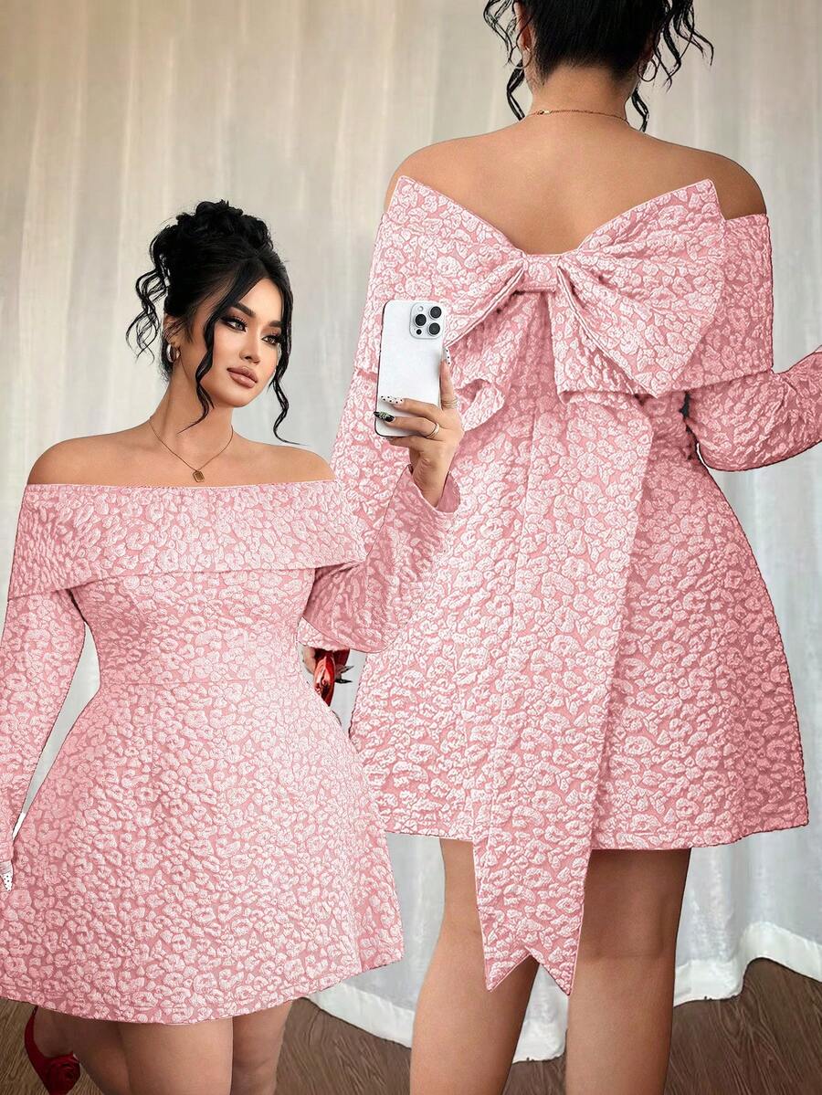 Elenzga 大码女式圣诞红色提花露肩露背蝴蝶结长袖短裙