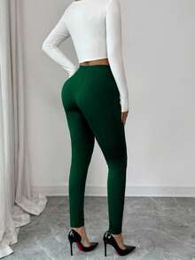 Elenzga Women's Solid Color Thermal Lined Elastic Skinny Leggings, Autumn/Winter - Dark Green - View 2