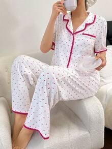 SHEIN Women's Fresh Heart Print Patchwork Color Block Collar Button Short Sleeve Pajama Set - White - View 7