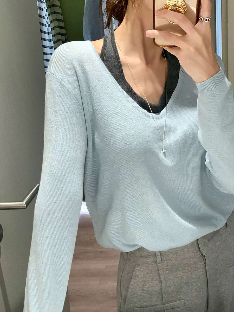 DAZY 1件镂空设计露背显瘦优雅针织毛衣（女款） - 藍色 - 查看 1