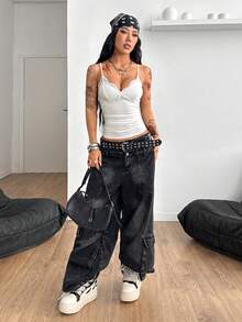 Coolane 女士秋季演唱会 Y2K 基本款日常休闲街头风蕾丝拼接露脐吊带背心 - 黑與白 - 查看 4