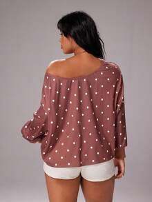 Rustia Plus Size Women's Polka Dot Sweatshirt, Brown, Casual & Comfortable Pullover Sweatshirt For Autumn/Winter Casual - Brown - View 3