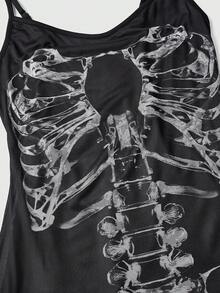ROMWE Spring/Summer Baech Graphic Black Gothic Retro Romantic Skeleton Print Women Slip Dress - Black - View 3