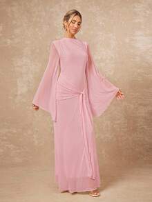 Lumalex Women's Loose Sheer Dress With Tie-Up Sash And Flowy Sleeves - Baby Pink - View 6