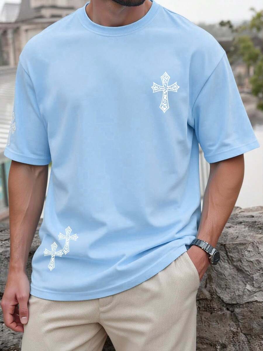 Manfinity LEGND Men's Casual Cross Print Short Sleeve T-Shirt, Summer