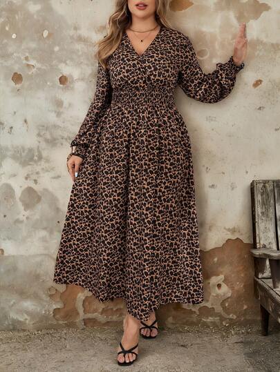 SHEIN LUNE Plus Size Fall Clothes All Over Print Shirred Leopard Long Sleeve Dress/Fall Dresses/Fall Women Outfits Fall Wedding Guest Dress Elegant Women Dresses Business Casual Woman Work Dress Business Dress