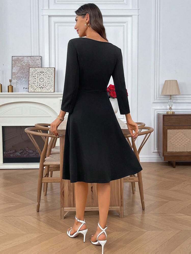 Women's Elegant Commuter A-Line Dress With Pearl Decoration Square Collar Elegant Midi Dress Black Elegant Dress Long Sleeve Elegant Dress Black Church Dress French Style Dress Black Dress Elegant Dresses For Women Going Out Dress New Year Dress New Year Clothes,Dresses For Women Elegant,Black Dress