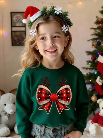 SHEIN Weihnachtsoutfit für Kleine Mädchen: Modischer & süßer Rentier-Karomuster-Schleifen-Grafik-Muster Rundhals-Sweatshirt, bequemes & warmes Herbst/Winter-Oberteil, geeignet für Weihnachtspartys