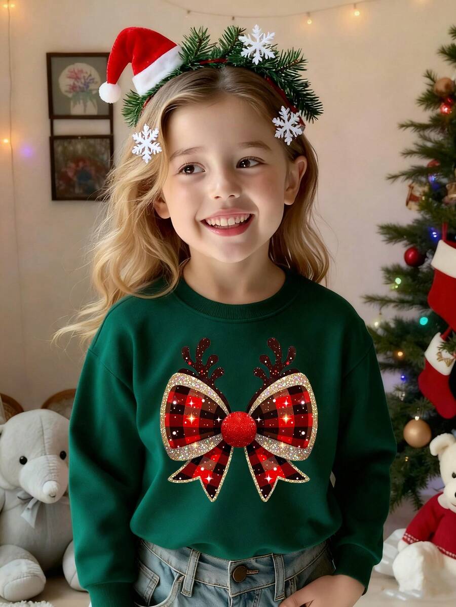 SHEIN 女孩圣诞节：时尚可爱的驯鹿格子蝴蝶结印花圆领卫衣，舒适保暖的秋冬上衣，适合圣诞派对 - 綠色 - 查看 1