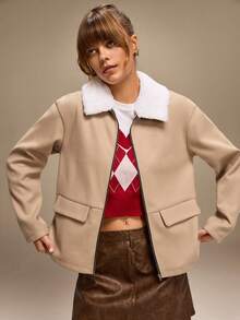 Hanevo 女士休闲拉链外套，带毛领，长袖，秋冬款 - 杏色 - 查看 4