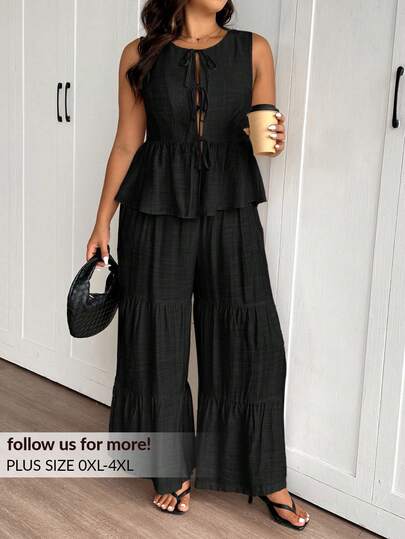 Lounesse 大码女式夏季纯色前系带无袖衬衫和阔腿裤两件套