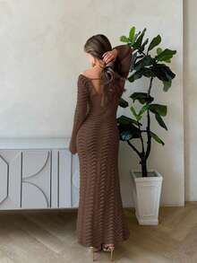 Jemour 纯色性感钩针喇叭袖沙滩裙 - 巧克力棕 - 查看 2