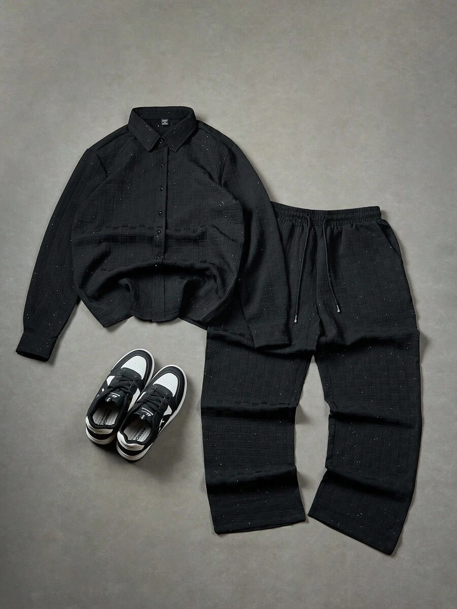 Manfinity Hypemode Bộ quần áo dài tay và áo sơ mi sequin thường ngày cho nam - màu đen - Xem 1