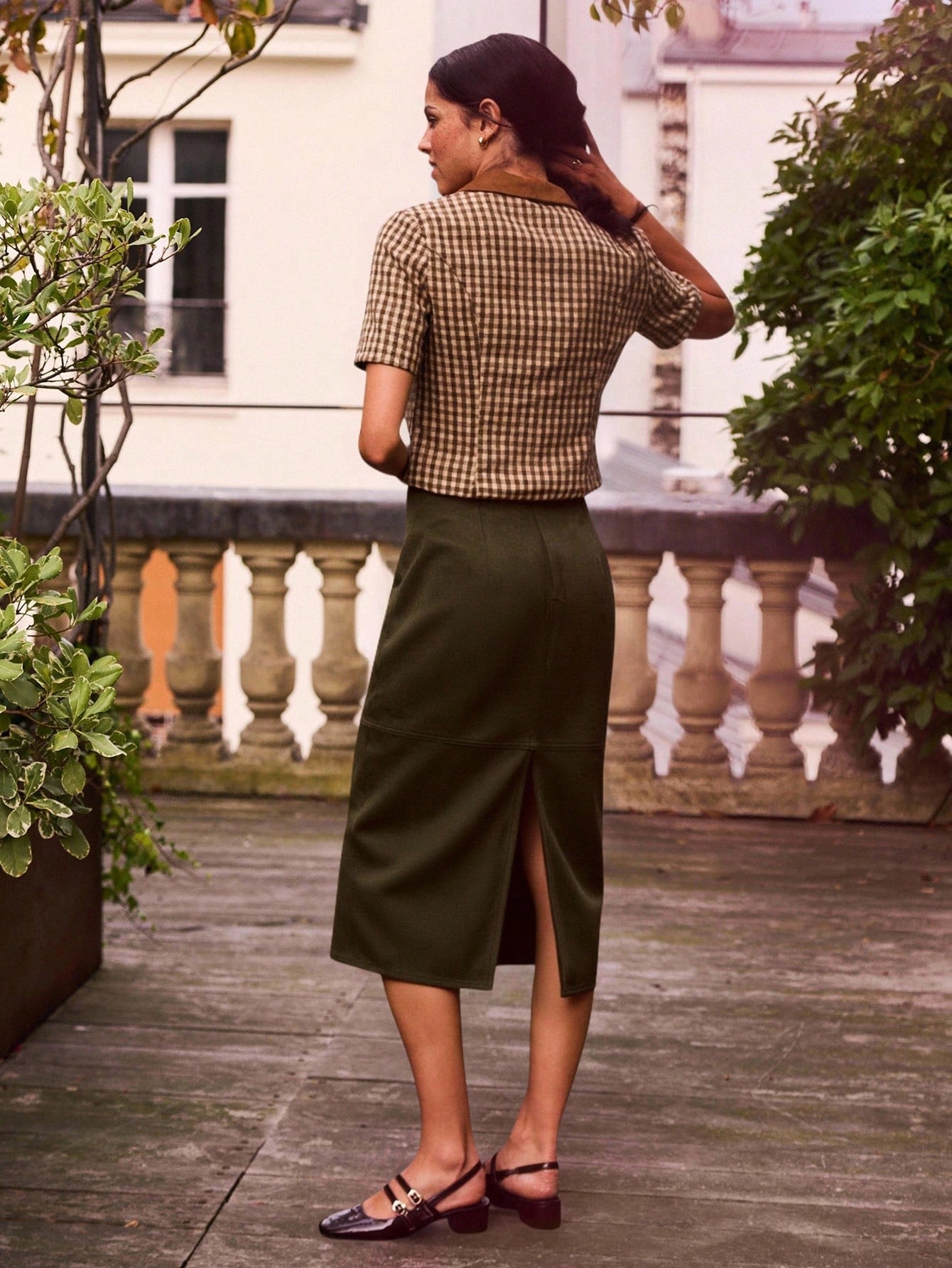 秋冬 フェイクスエード チョコレートブラウン ミディ丈 ペンシルスカート