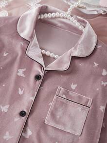 女童睡衣，可爱蝴蝶印花，柔软抓绒面料，长袖两件套睡衣套装 - 彩色 - 查看 4