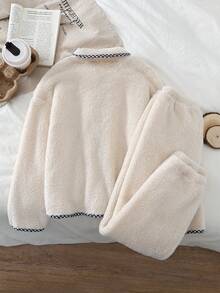 女童杏色长袖上衣和裤子蓬松格子撞色滚边睡衣套装 - 杏色 - 查看 2