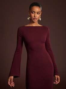 L'Amorae Soft Knit Flowy Adjustable Open Back Long Sleeve Maxi Dress