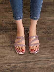 Sandalia tipo mule para mujer, tres tiras con pedrería, punta cuadrada, suela plana, estilo elegante para fiesta y casual - Rosa - Ver 2