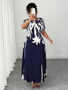 Elenzga Plus Size Women Elegant A-Line Waist Cinched Midi Dress, Flattering For Everyday & Commute - Navy Blue - View 6