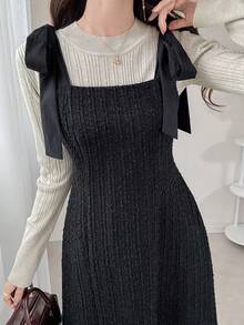 FRIFUL Women's Solid Color Shoulder Tie Cinched Waist Flared Hem Fitted Casual Dress, Autumn/Winter