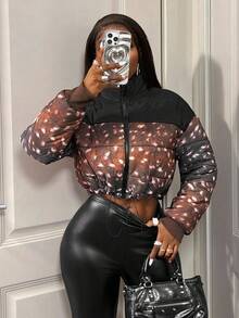 BamGleam Leopard Animal Print Color Blocking Women's Black Winter Streetwear Everyday Stand Collar Zip-Up Cropped Quilted Synthetic Insulation Winter Jacket - Brown - View 7