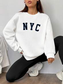 SHEIN EZwear Bộ 2 áo nỉ cổ tròn rộng rãi thoải mái và quần legging bó, in họa tiết NYC - Nhiều màu - Xem 3