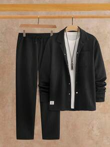 Manfinity VCAY Men's Solid Color Long Sleeve Front Button Textured Casual Shirt Set,High Stretch - Black - View 6