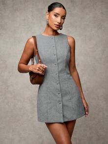 SHEIN BAE Vestido mini casual de mujer con cuello redondo, sin mangas y botones frontales, a cuadros, adecuado para la oficina, fiestas, ir al trabajo y uso diario, para otoño/invierno - Negro - Ver 6
