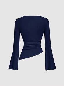 SHEIN MOD 褶皱圆领喇叭袖腰部收褶不对称下摆杏色百搭T恤