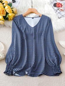 SHEIN Clasi 大码女式休闲印花V领长袖衬衫 - 彩色 - 查看 1