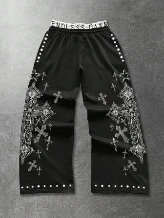 Street Life Pantalones de chándal holgados para hombres con estampado de cruz y cintura de doble capa