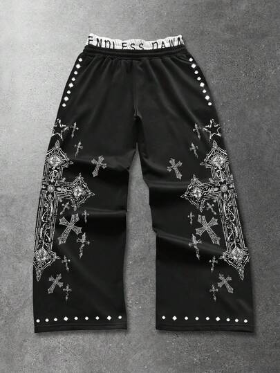 Street Life Pantaloni della tuta da uomo con vestibilità ampia, stampa a croce e vita a doppio strato