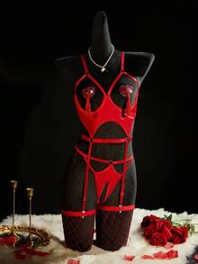 SpicyHot Red PU Leather Sheer Babydoll With Spaghetti Straps And Punk-Inspired Design Fishnet Stockings Open Crotch Lingerie Red Lingerie Set Fishnet Lingerie Red Fishnets Open Crotch Lingerie Set, Going Out - Red - View 3