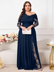 Reflora Plus Size Women Floral Embroidery Mesh Patchwork Asymmetrical Shoulder Elegant Dress - Navy Blue - View 2